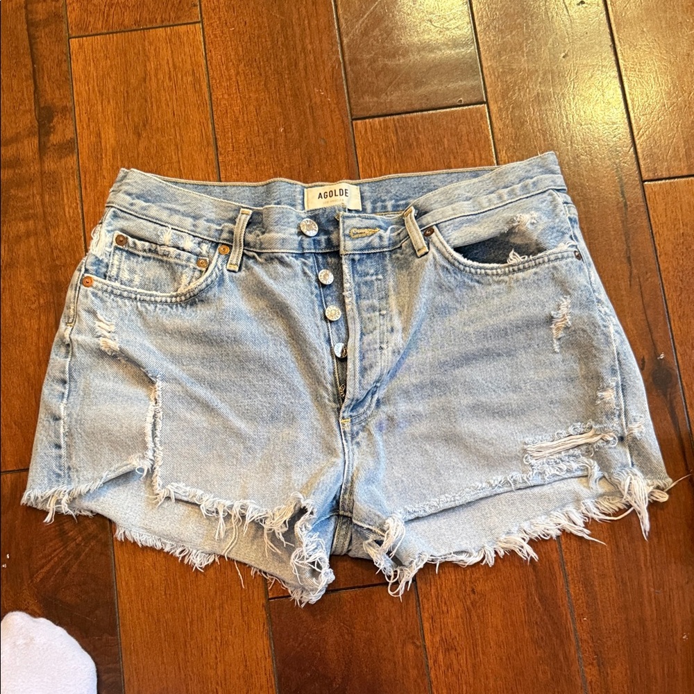 Agolde Distressed Light Blue Jean Shorts